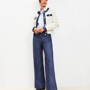 Button Trim Wide Leg Pants in Refined Denim